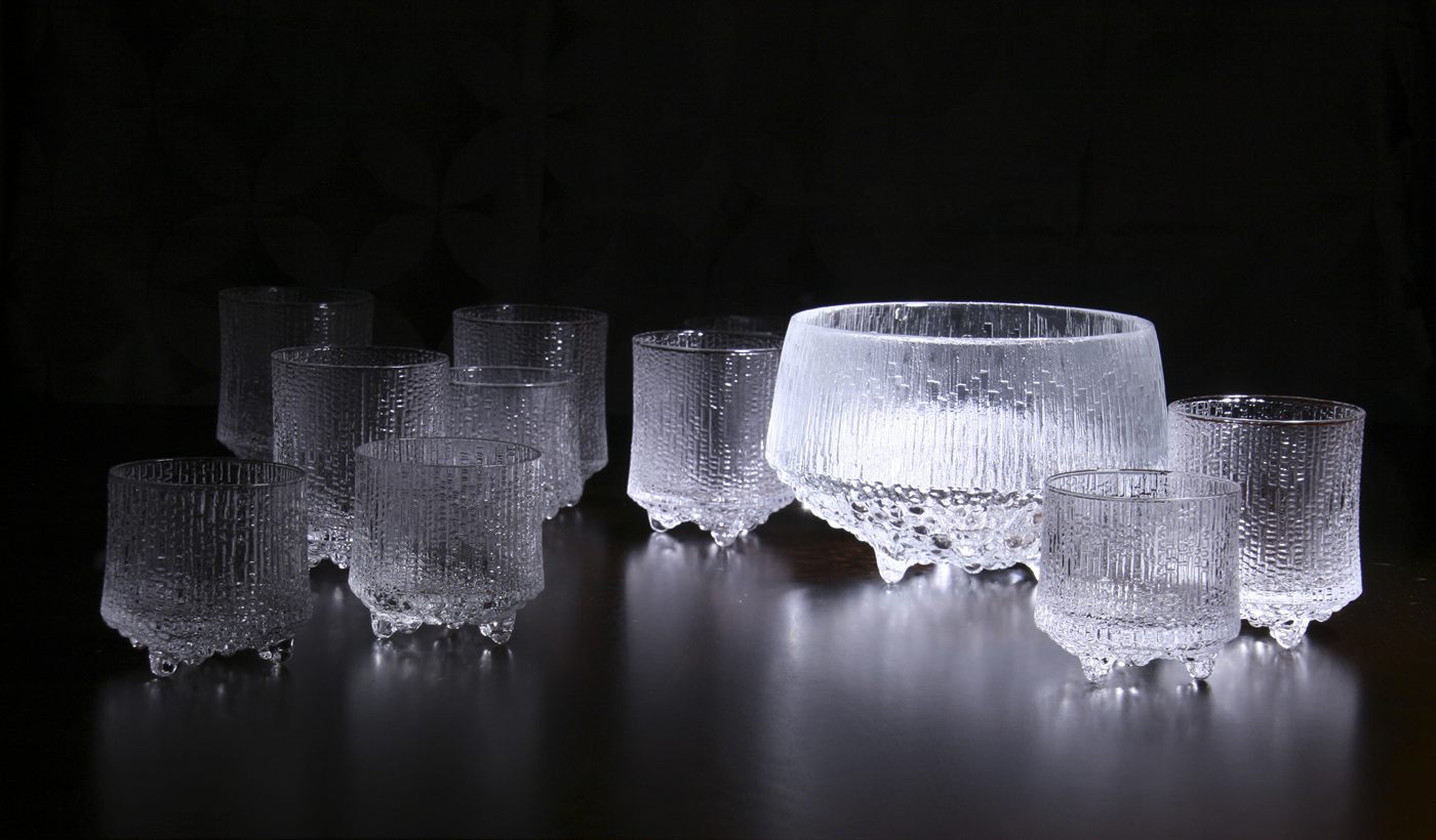 Iittala Ultima Thule glasses and bowl with a surface rugged like melting ice