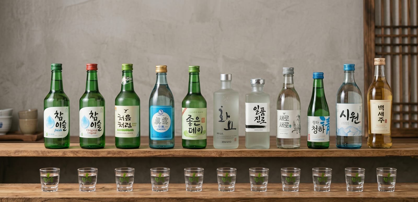 Various soju glasses and bottles