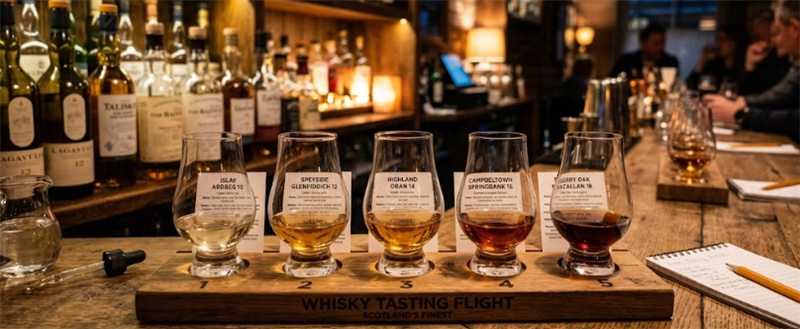 A whisky tasting flight ranging from pale to deep amber