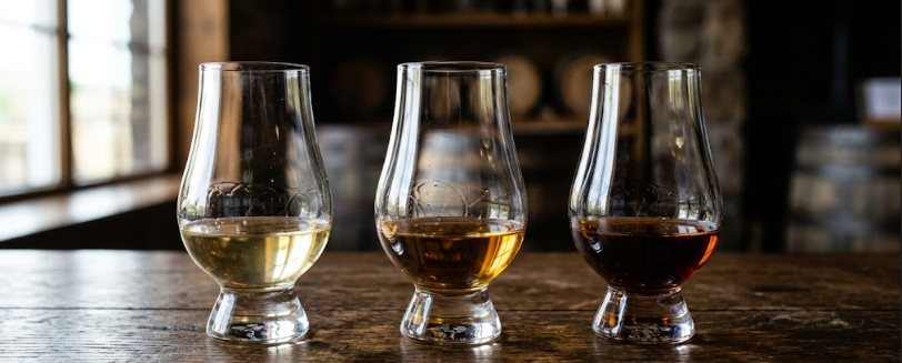 Three identical glasses holding whisky from pale to dark