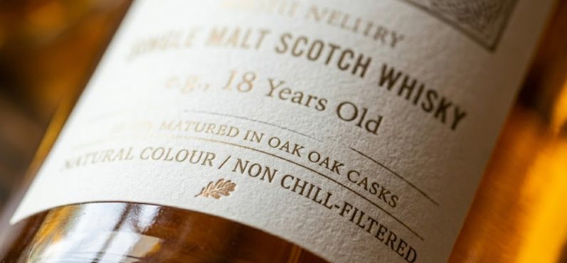 Close-up of a single malt whisky label reading 'Natural Colour / Non Chill-Filtered'